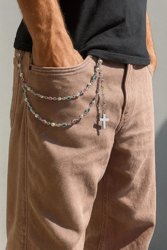 Silver Wallet Chain With Pearls